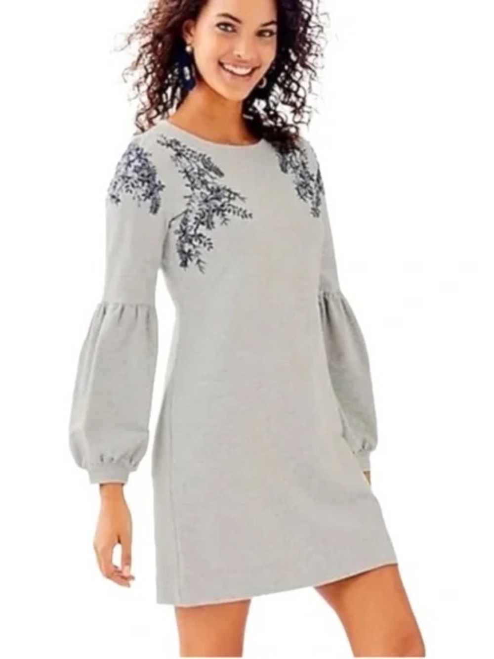 Lilly Pulitzer Women’s Bartlett Sweatshirt Dress L Gray Navy Floral Embroidery
